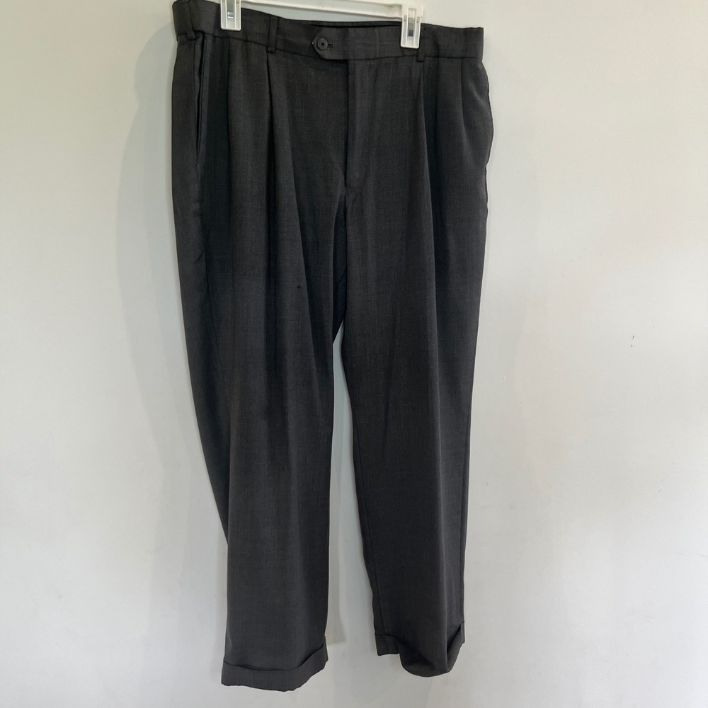 Stafford Mens Pleated Dress Pants Charcoal Gray Cuffed Trousers 40x29